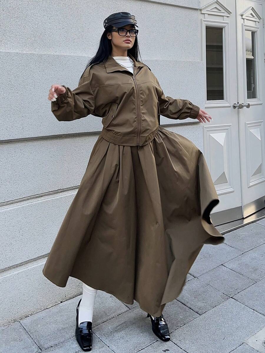 Flirla 1 bộ gồm áo khoác cargo kiểu Pháp và chân váy xòe cạp cao. - màu xanh lá - Xem 1