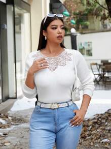 SHEIN Unity 大码女式刺绣水钻装饰长袖毛衣，秋冬针织套头衫 - 米色 - 查看 4