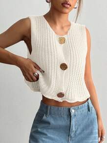 Flirla Fashionable Round Neck Button Decor Minimalist Sleeveless Knit Top