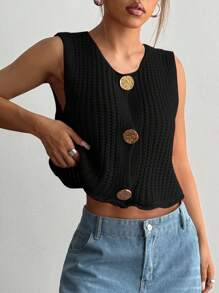 SHEIN Unity Fashionable Round Neck Button Closure Minimalist Sleeveless Knit Top - Black - View 6