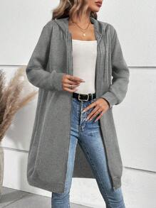 SHEIN LUNE Áo nỉ dài tay có mũ trùm đầu khóa kéo phía trước màu trơn cho nữ mùa thu - Xám - Xem 6