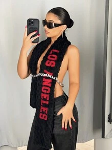 SHEIN ICON 1 件女式毛绒挂脖链系带修身吊带背心 - 黑色 - 查看 6