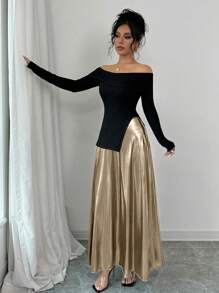 Rafferiza Đầm dài thanh lịch hở vai xẻ tà lấp lánh ánh kim tôn dáng - Đen và vàng - Xem 5