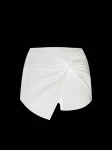 SHEIN Swim 女士纯色扭结比基尼泳裤，夏季海滩泳装 - 白色 - 查看 4