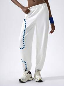 VARSITIE Low Rise Elasticated Loose Print Women Sports Pants - White - View 5