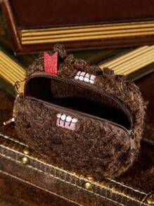 HARRY POTTER X SHEIN 怪物书里的怪物 刺绣卡通图案毛绒零钱包钥匙扣、礼物 - 棕色 - 查看 5