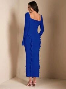 SHEIN BAE Váy dài tay viền bèo nhún họa tiết hoa 3D thanh lịch cho nữ màu hồng, thích hợp cho hẹn hò hàng ngày, tiệc tùng, tụ họp, mùa thu - Xanh đậm - Xem 2