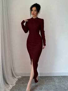 Selianne Đầm Maxi Tay Dài Xếp Ly Cổ Đứng Chia Viền Màu Trơn Trang Phục Nữ - Gỗ đỏ - Xem 3