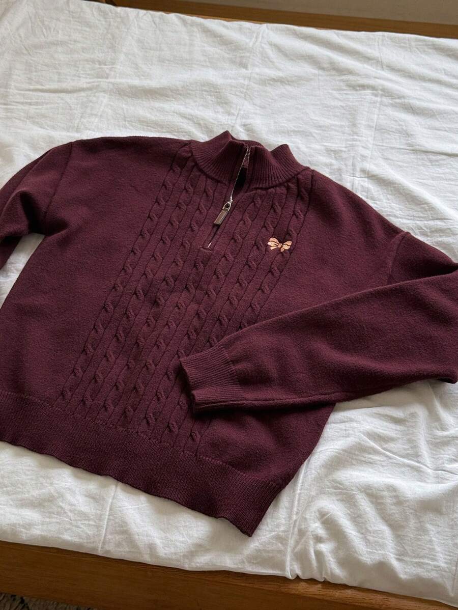 DAZY 1 件女士宽松刺绣半拉链长袖休闲毛衣，秋季女装 - 紅木色 - 查看 1