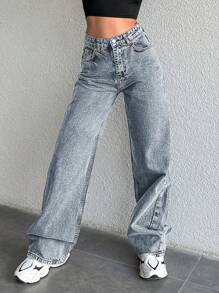 EURMUSE Solid Washed Straight Leg Jeans - Light Wash - View 3