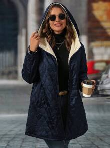 SHEIN LUNE Plus Size Solid Color Thermal Lined Hooded Winter Clothes Jacket - Navy Blue - View 4