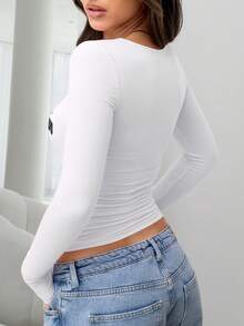 优雅百搭女士纯色圆领长袖褶皱修身 T 恤，适合夏季和秋冬季节 - 白色 - 查看 2