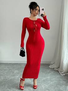 Chiquease 女士优雅修身露肩蝴蝶结装饰针织连衣裙 - 紅色 - 查看 1