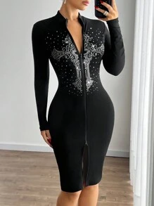 SHEIN ICON Cross Rhinestone Decor Zip-Up Mid-Long Fitted Dress - Black - View 1