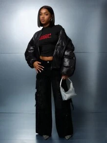 SUMWON WOMEN Oversized Wet Look Quilted Winter Puffer Jacket Puffy Coat High Fashion Street Style Outerwear Fall Winter Warm Quilted Bubble Coat - Black - View 4