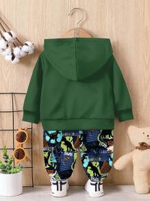 SHEIN 男婴休闲简约宽松舒适酷炫时尚恐龙印花柔软针织连帽衫和裤子套装，适合秋冬季 - 彩色 - 查看 6