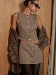 COSMINA 2pcs/Set Women Casual Solid Color Button Front Tank Top And Mini Skirt - Khaki - View 4