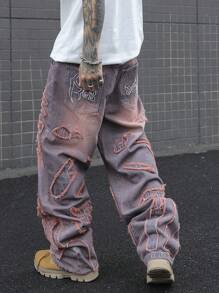 Manfinity EMRG 男士时尚百搭水洗斜口袋宽松牛仔裤 - 淺灰紫 - 查看 2