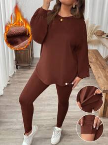 SHEIN LUNE 2 件大码纯色圆领长袖上衣和紧身及踝长裤套装冬季服装 - 棕色 - 查看 1