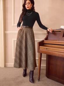 Vintamour Vintage Elegant Women High Waist Plaid Skirt With Pockets, Casual A-Line Flare Skirt Homecoming Going Out Skirt Christmas Outfits Fall Skirts Fall Clothes Long Fall Skirt Brown Skirt Women Outfits Thanksgiving Skirt Maroon Skirt Fall Skirt Winter Skirt Winter Women Clothes Plaid Skirt Fall Women Outfits - Coffee Brown - View 5