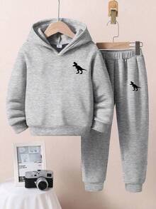 SHEIN Bộ 2 chiếc/Bộ áo hoodie và quần dài in hình khủng long thoải mái cho bé trai, thời trang và thoải mái cho mùa thu/đông - Xám - Xem 3