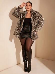 SHEIN BAE Plus Size Women Elegant Gangster Wife Luxurious Leopard Print Lapel Long Sleeve Warm Fluffy Mid-Length Coat For Autumn/Winter