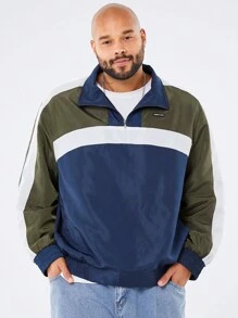 Manfinity NXTstreet Plus Size Men's Letter Print Casual Long Sleeve Partial Zip Jacket, Color Block Lightweight Jacket, For Autumn Going Out, Friends, Husband, Boyfriend Gifts