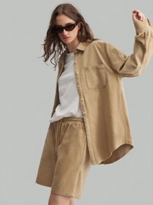 Ontre 2 pièces Ensemble chemise et shorts en velours côtelé en coton pour femmes, tenue casual, automne/hiver - Kaki - Voir 4