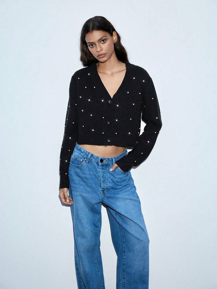 SHEIN Maija Cardigan donna con scollo a V e bottoni, maniche lunghe, decorato con perle, maglione corto minimalista, casual per uso quotidiano, autunno/inverno