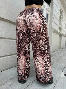 Flirla Pantalon ample à jambe large imprimé léopard pour grande taille - Multicolore - Voir 2
