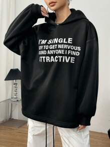 SHEIN Unity 女士抓绒超大款连帽衫，印有性感图案，秋季运动套头衫 - 黑色 - 查看 3