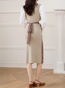 DAZY Váy len thắt eo phối màu cho nữ, trang phục mùa thu - Màu Khaki - Xem 2