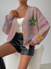 SHEIN LUNE Women Casual Floral Pattern Front Button Cardigan, Suitable For Autumn And Winter - Khaki - View 4