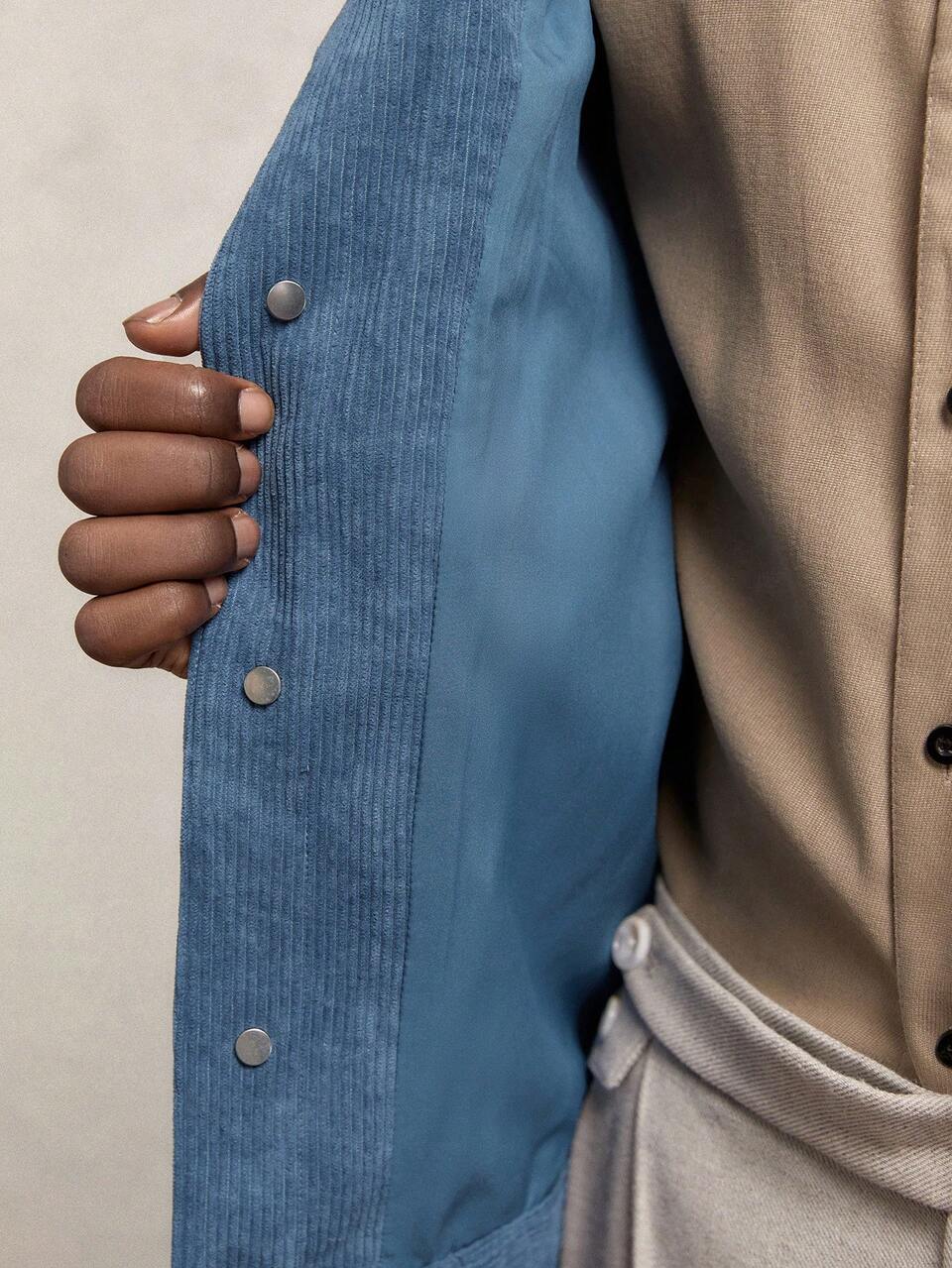 Men's Blue Grey 80s Short Jacket For Autumn Vacation,Loose Fitting Raglan Collar Corduroy & Fleece Trim,Metal Button Multi-Pocket Deconstructed Design