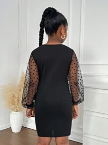 SHEIN Tween Girl Elegant Casual Street Style Heart Flocked Mesh Patchwork Petal Sleeve Casual Dress, Suitable For Party And Outings In Autumn/Winter - Black - View 2