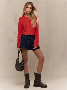 MISSGUIDED Ribbed Knit Button Down Cardigan Long Sleeve Fall Winter Cropped Everyday Casual Sweater Classic Knitted Layer Basic Essential Autumn Fashion Christmas - Red - View 4