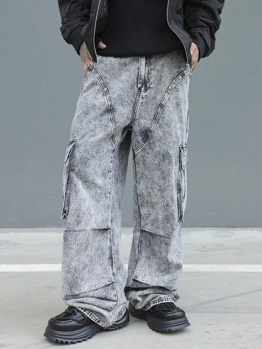 Manfinity EMRG Men's Simple Multiple Pockets Denim Jeans, Casual Everyday Wear - Light Grey - View 1