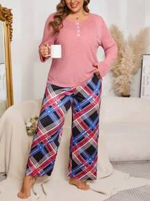 大码彩色格子露趾针织长袖睡衣套装 - 彩色 - 查看 3