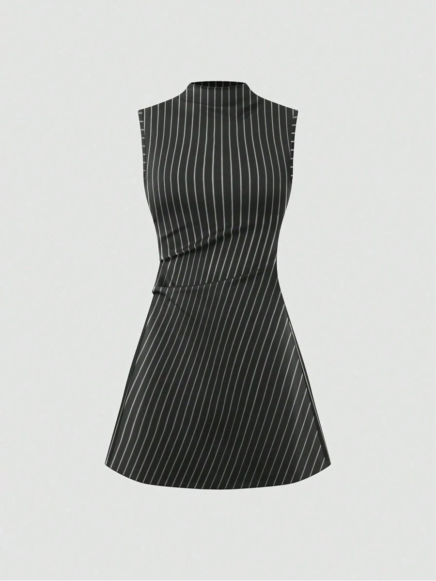 Sweetra Women High Collar A-Line Midi Dress, Fashionable & Versatile For Commuting - Multicolor - View 1