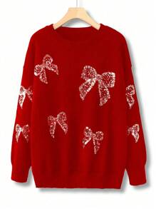 SHEIN Clasi Jersey holgado de talla grande elegante con decoración de moño y bordado de perlas, color rojo, para el invierno