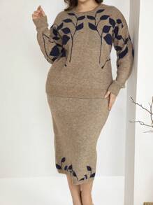 Mulvari Plus Size Women Colorblock Leaf Pattern Crew Neck Long Sleeve Sweater And Knitted Mini Skirt Casual Set 2 Pieces Set - Mocha Brown - View 5