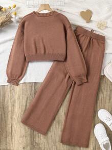 Sparklyn Conjunto de niñas preadolescentes de cárdigan de punto minimalista y pantalones de punto de otoño/invierno - Café integral - Ver 2