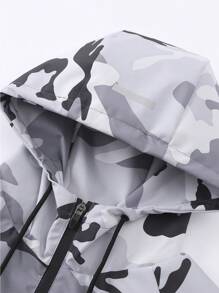 Manfinity Running Boyfriend Style Men Camouflage & Letter Print Raglan Sleeve Zip-Up Drawstring Hooded Sport Jacket - Light Grey - View 5