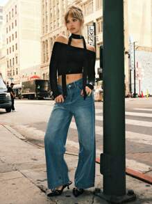 SHEIN EZwear 女士露肩长袖时尚修身优雅迷人纯黑色 T 恤秋冬季