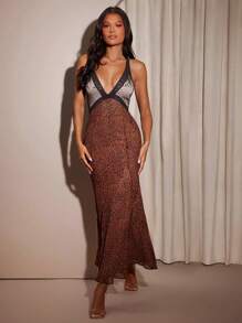 Hauture Contrast Color Lace Patchwork Leopard Print Backless Sleeveless Dress - Multicolor - View 1