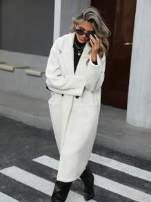 SHEIN Clasi Women Casual Solid Color Double-Breasted Long Fleece Coat, Autumn/Winter - White - View 5