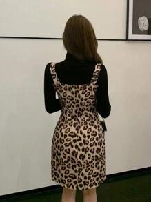 DAZY 女式简约豹纹无袖短款连衣裙，休闲日常猎豹印花秋冬 - 棕色 - 查看 5