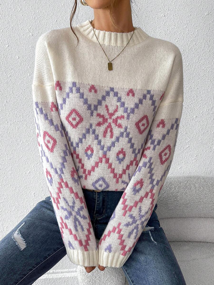 Chiquease Women Winter Cute Geo Pattern Crew Neck Long Sleeve Casual Sweater - Apricot - View 1