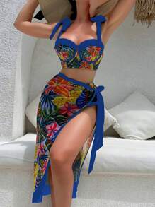 SHEIN Swim Bộ 3 Bikini Sexy In Hình Cây Cọ Cho Nữ Kèm Váy Che Mùa Hè - Nhiều màu - Xem 1