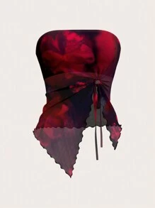 SHEIN ICON Fashionable Tie-Dye Print Mesh Drawstring Asymmetric Hem Red Tube Top - Multicolor - View 1